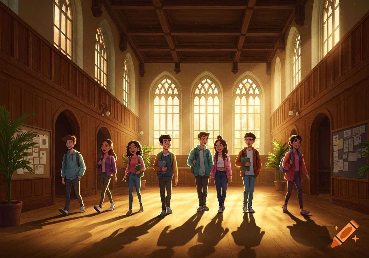 A group of diverse university students walking through a grand hall with arched windows in an animated style.