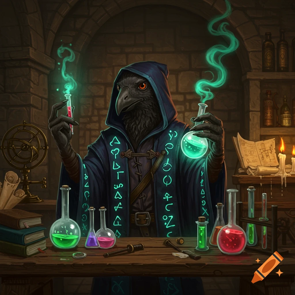 A hooded, bird-headed alchemist in a stone laboratory holds glowing beakers, surrounded by colorful potions and alchemical equipment.