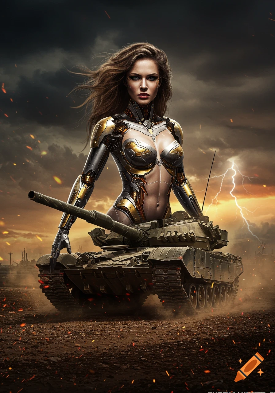 Photorealistic digital art of a cyborg woman with a metallic bustier, emerging from a tank on a stormy, fiery battlefield with lightning.