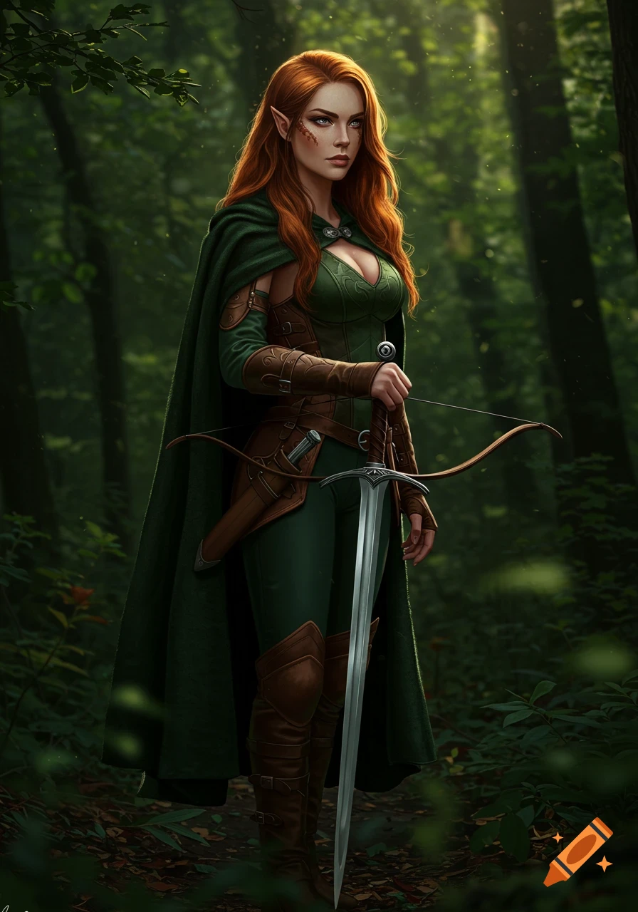 A red-haired female elf ranger stands in a sun-dappled forest, holding a sword and a recurve bow.