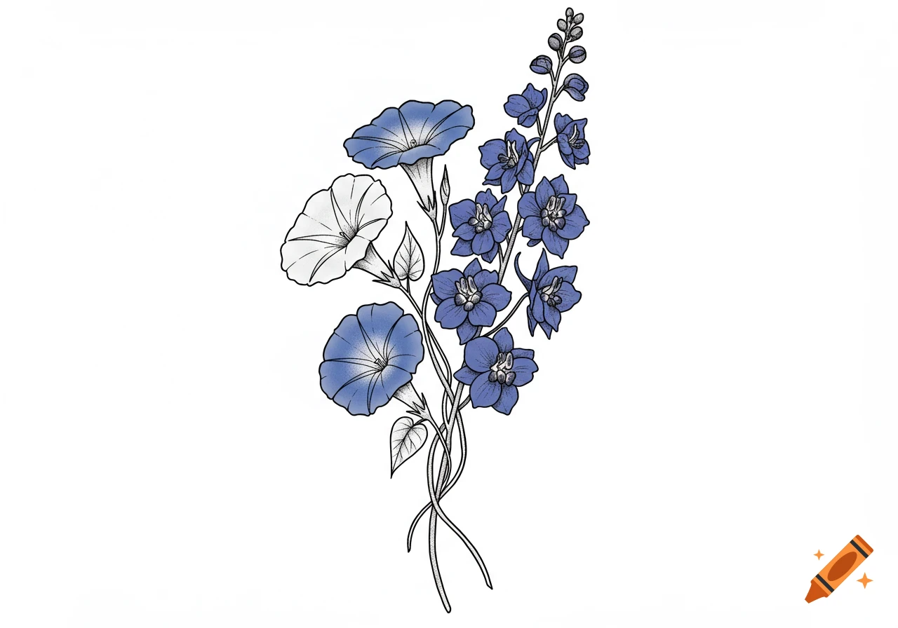 A stylized tattoo drawing of blue and white morning glory flowers intertwined with blue larkspur flowers on a white background.