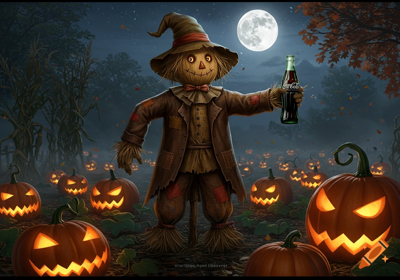 A whimsical scarecrow holds a Coca-Cola bottle in a moonlit pumpkin patch surrounded by glowing jack-o-lanterns.
