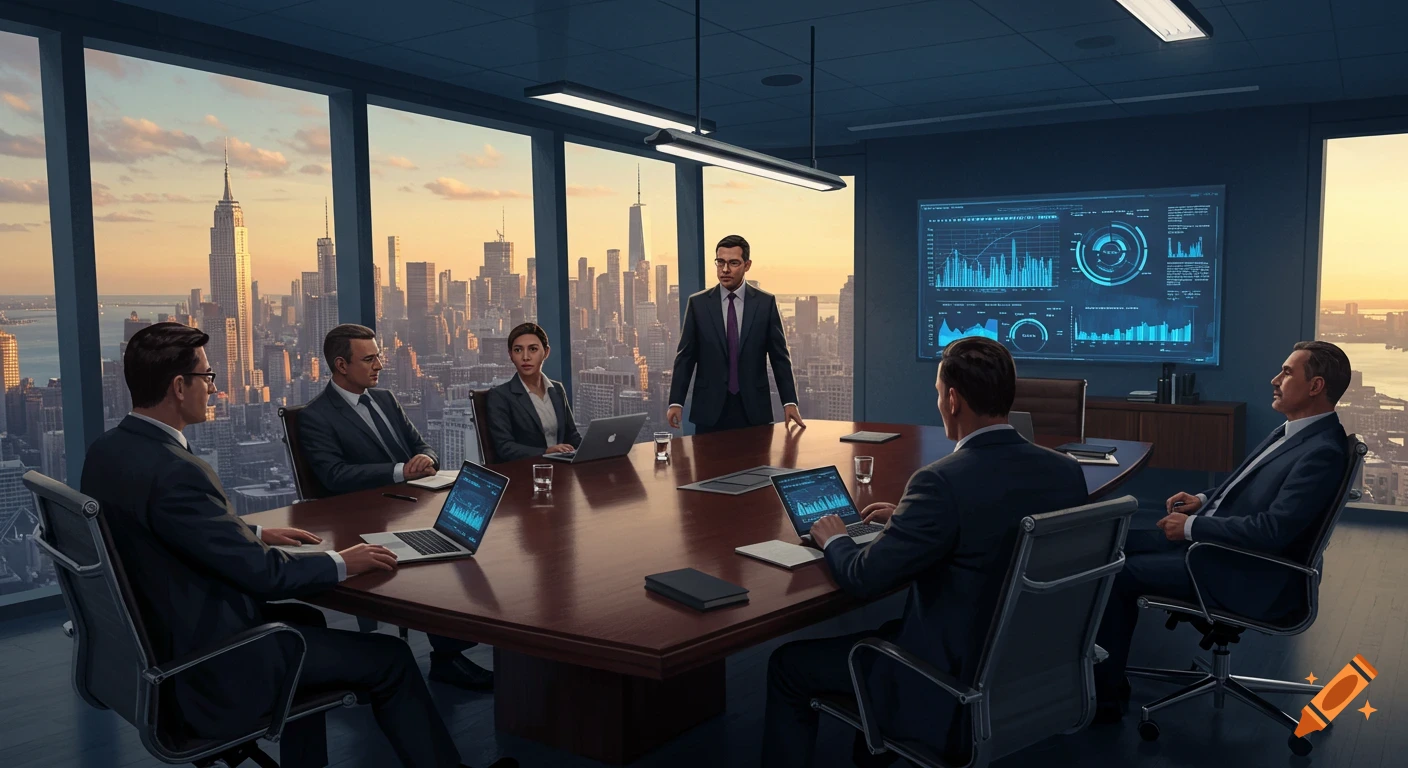 Photorealistic image of a CEO leading a corporate board meeting in a skyscraper office, overlooking the New York City skyline at sunset.