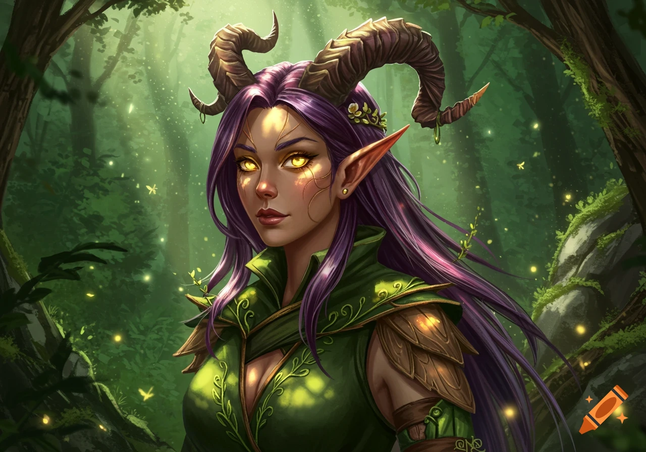 Fantasy portrait of a wood elf with purple hair, golden eyes, and horns, wearing a forest green outfit, in a magical forest with fireflies.
