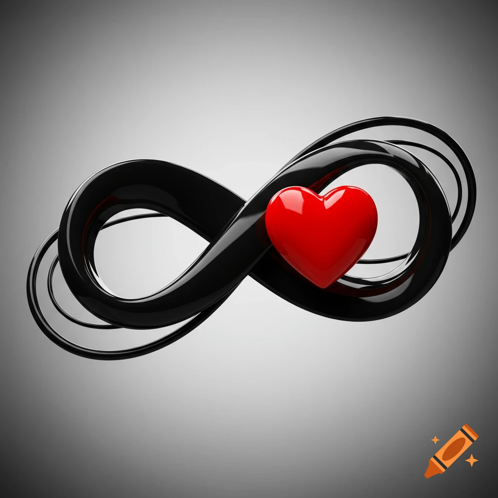 A sleek black infinity symbol with a bold red heart at its center, in a modern 3D render on a grey background.