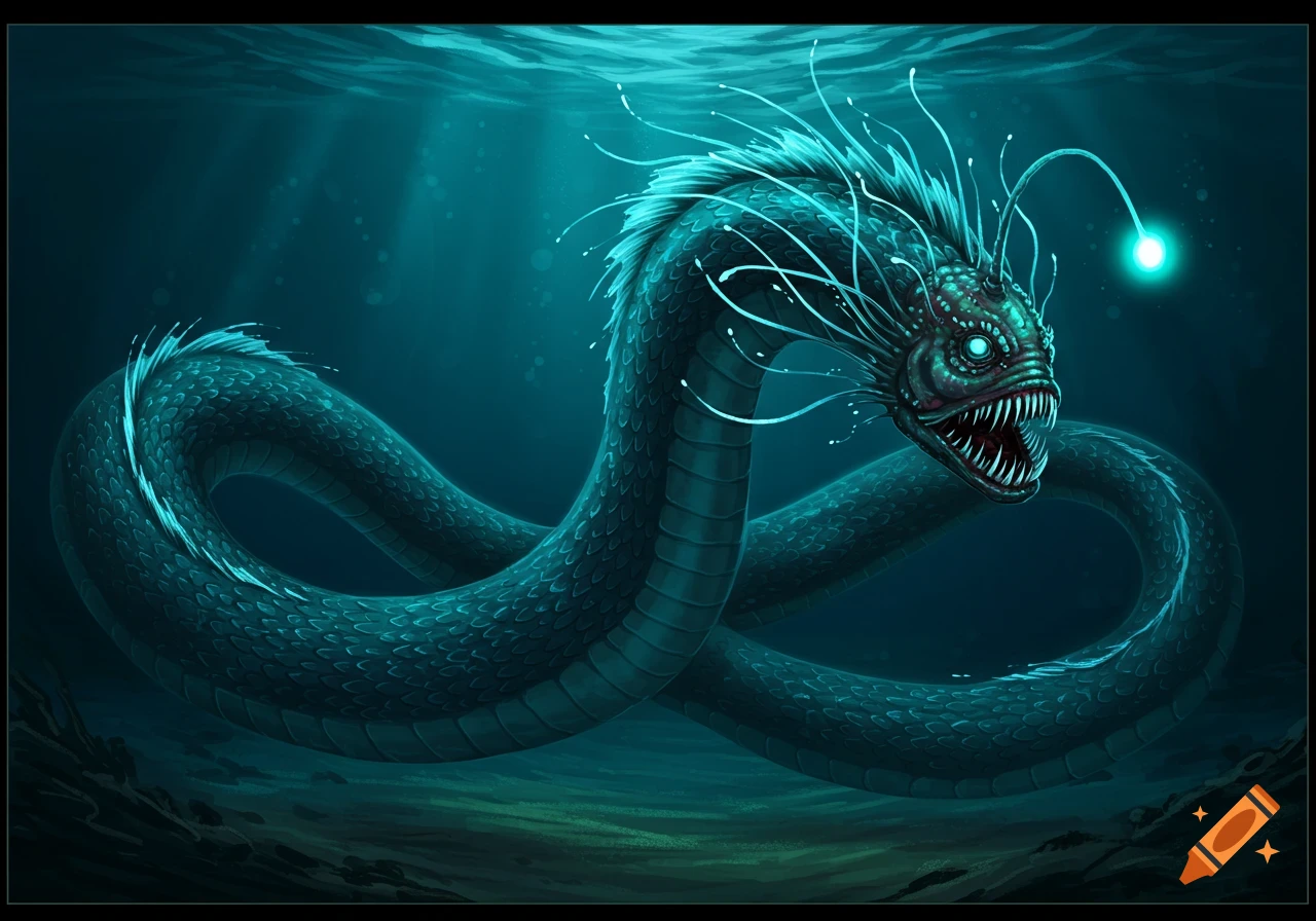 A dark teal, scaly sea serpent with an anglerfish head, glowing eyes, fangs, and a bioluminescent lure, coiled underwater.