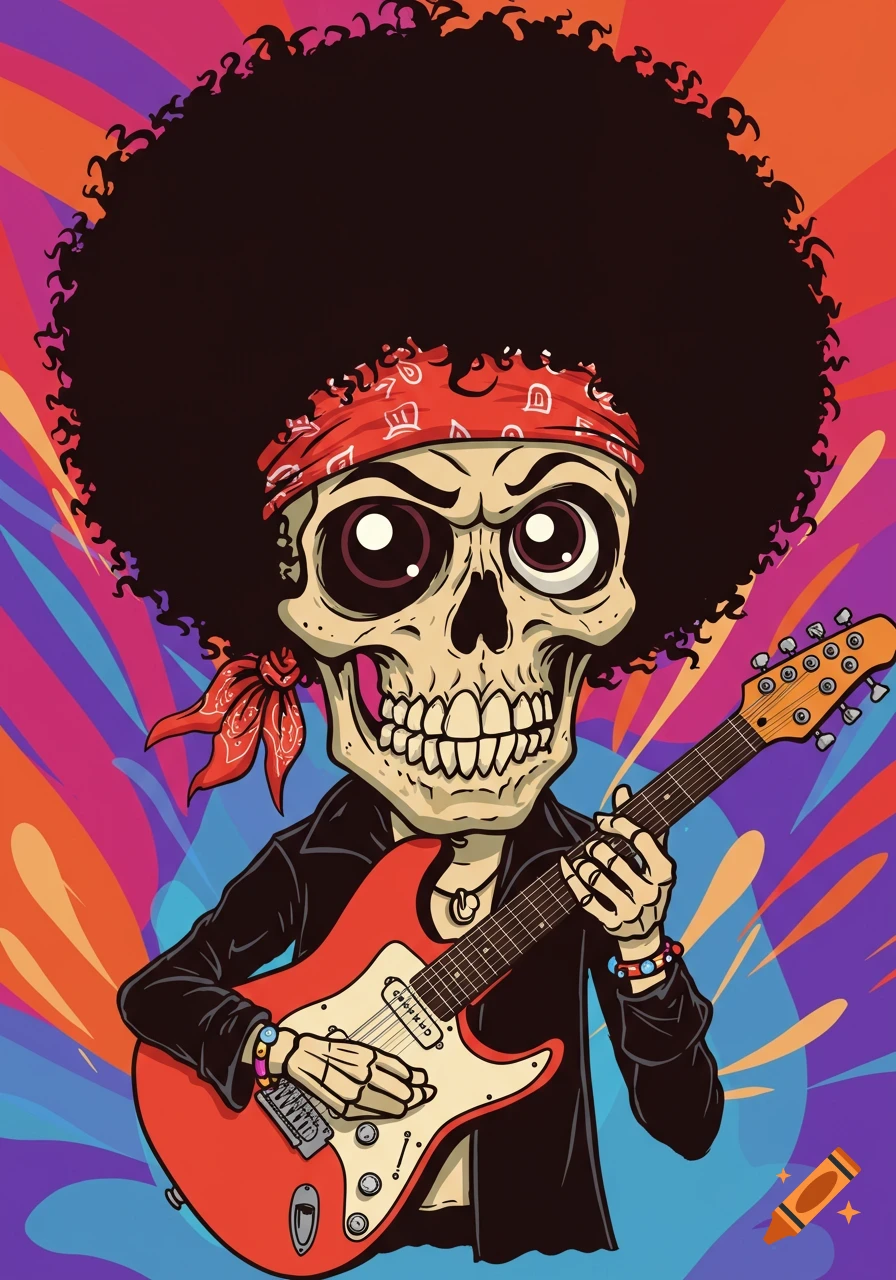 Cartoon skeleton with an afro, red bandana, and big eyes, playing a red electric guitar against a vibrant, swirling background.