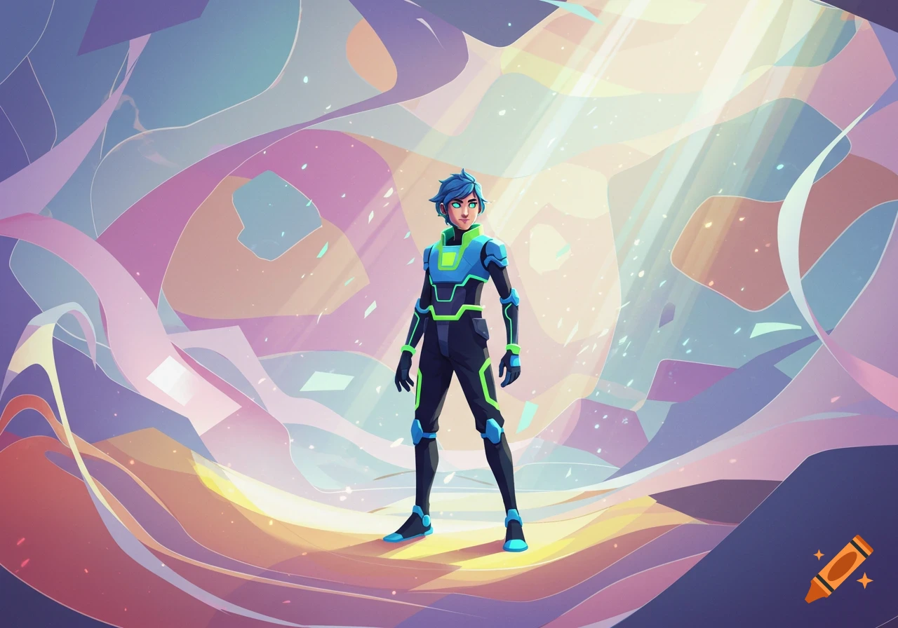 A stylized person with blue hair and a futuristic black and blue suit stands in a vibrant, abstract, colorful landscape.