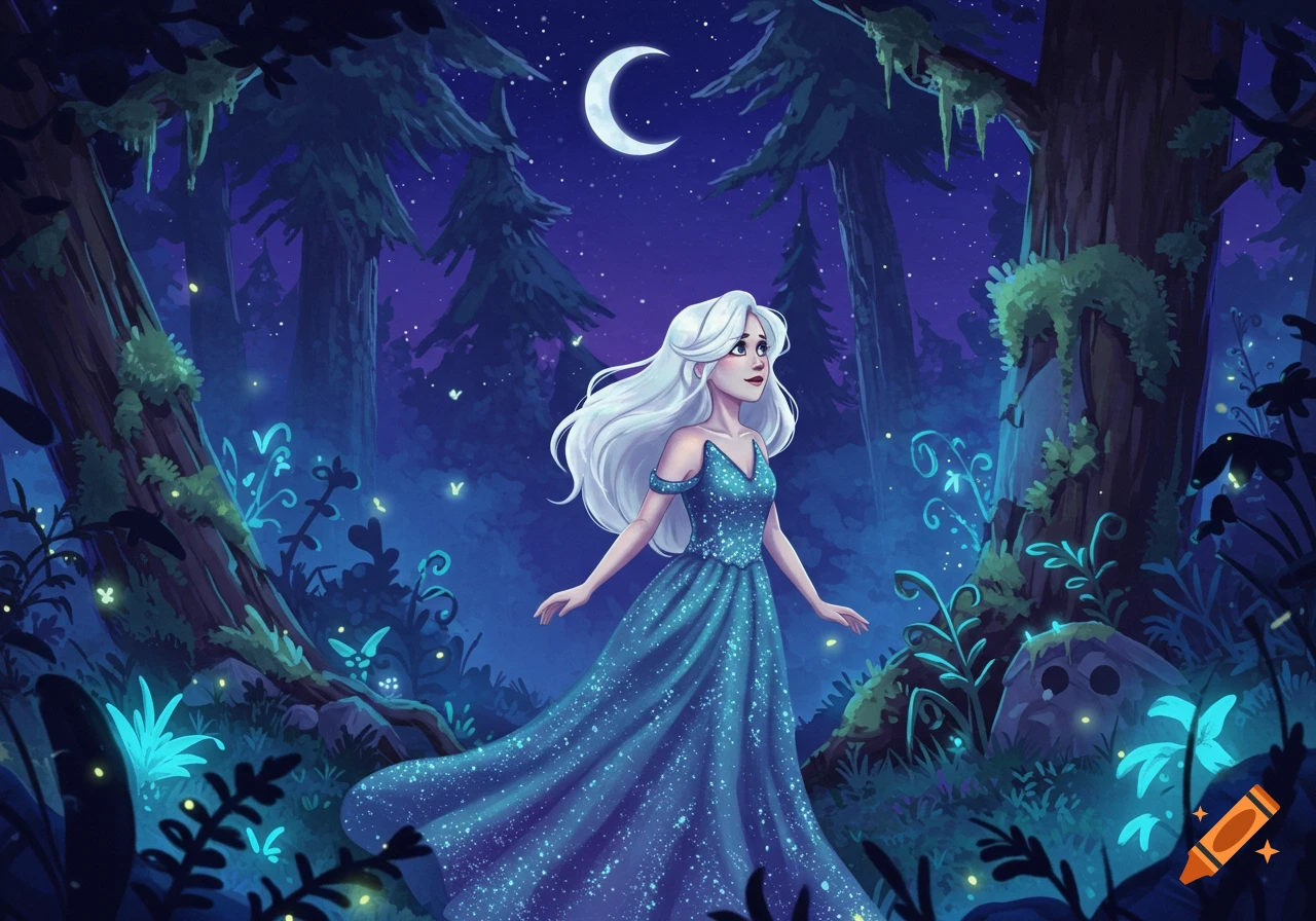 Stylized illustration of a white-haired woman in a sparkling blue dress, standing in a magical night forest with a crescent moon.