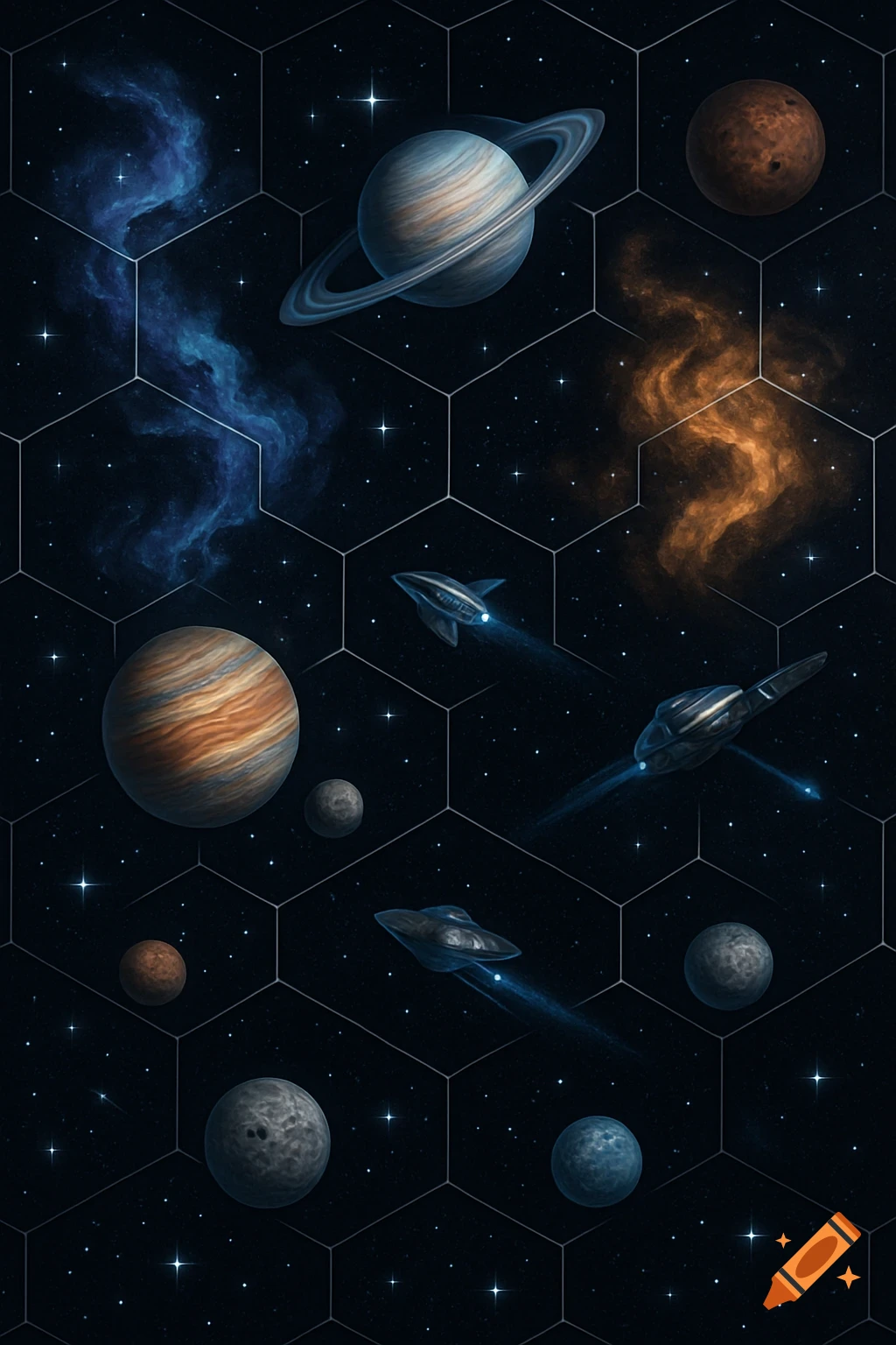 A dark space scene with planets, nebulae, and sleek spaceships arranged within a hexagonal grid, like a map.