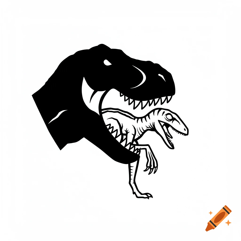 Black and white vector logo of a T. rex head biting a Velociraptor.