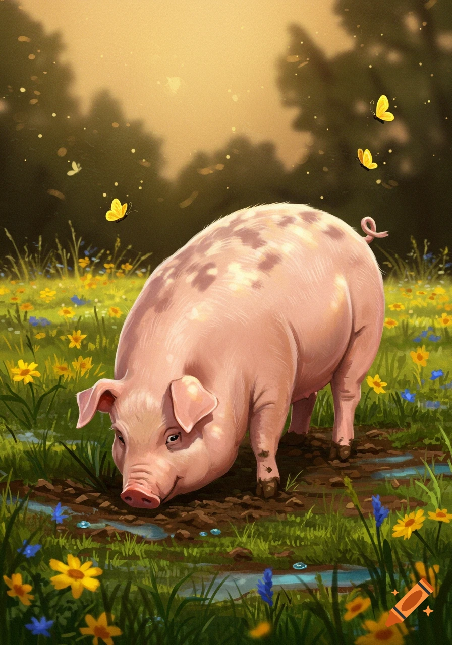 A detailed illustration of a pink pig with brown spots rooting in a muddy patch in a sunny field filled with yellow and blue flowers, with butterflies.