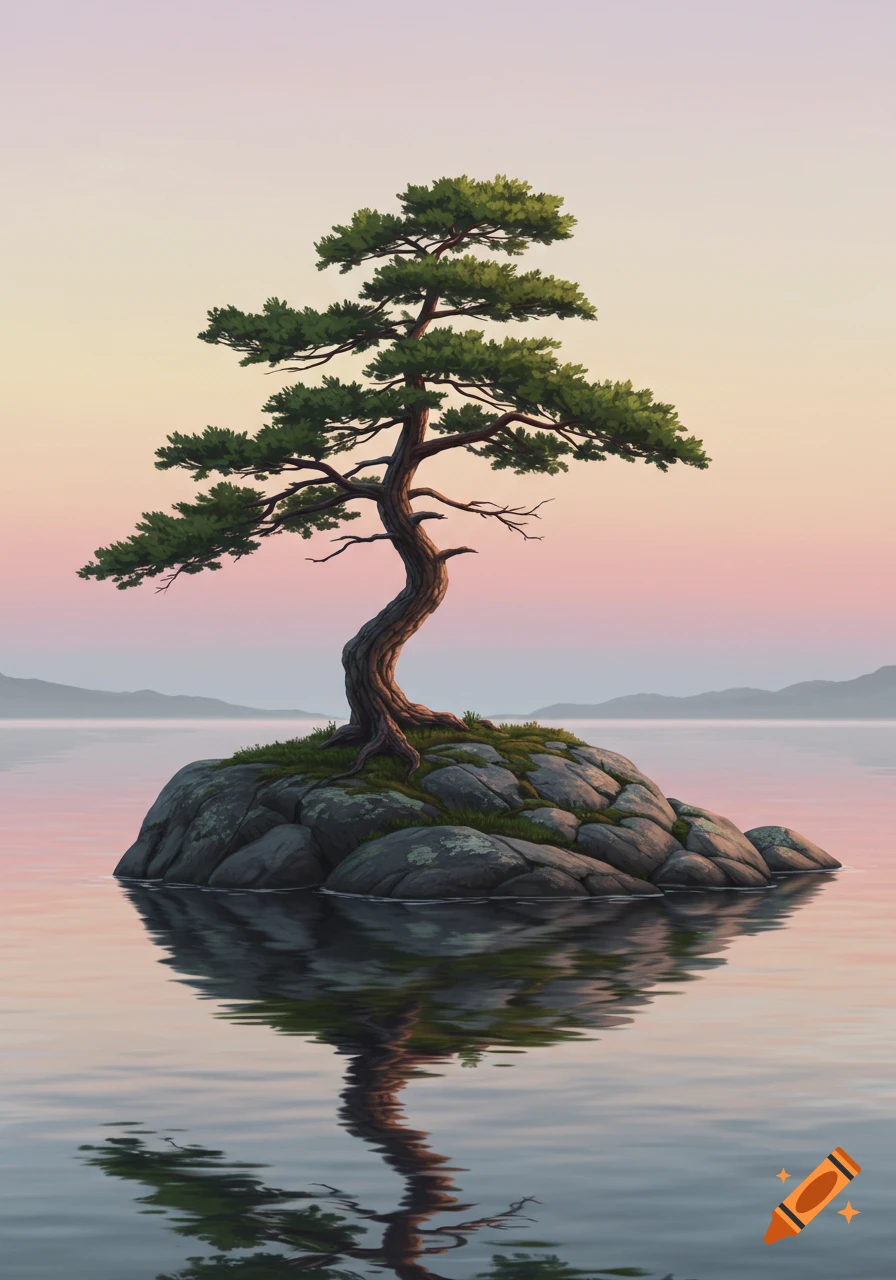 A lone, windswept pine tree on a rocky island reflects in still water under a pastel sky.