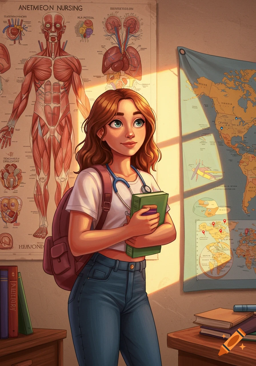 A smiling, red-haired college student wearing a stethoscope and backpack, holding a book in a classroom with anatomy charts and a world map, in an illustrated style.