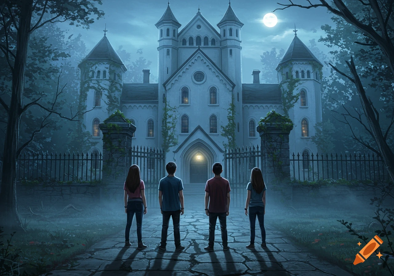 Four teenagers stand on a path, backs to viewer, facing a grand gothic mansion under a full moon at night, surrounded by misty trees.
