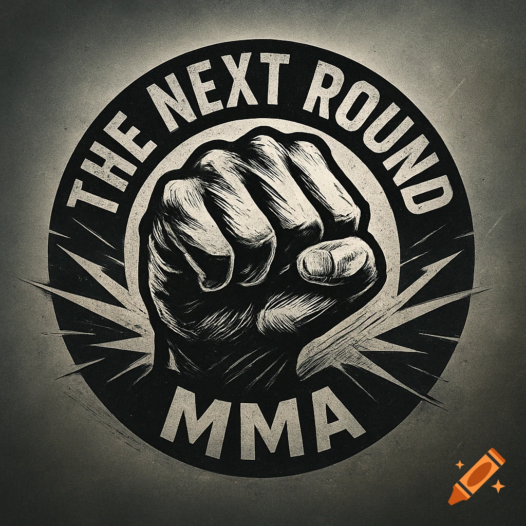 Black and white grunge-style logo with a clenched fist, text 'THE NEXT ROUND MMA' in a circular design.