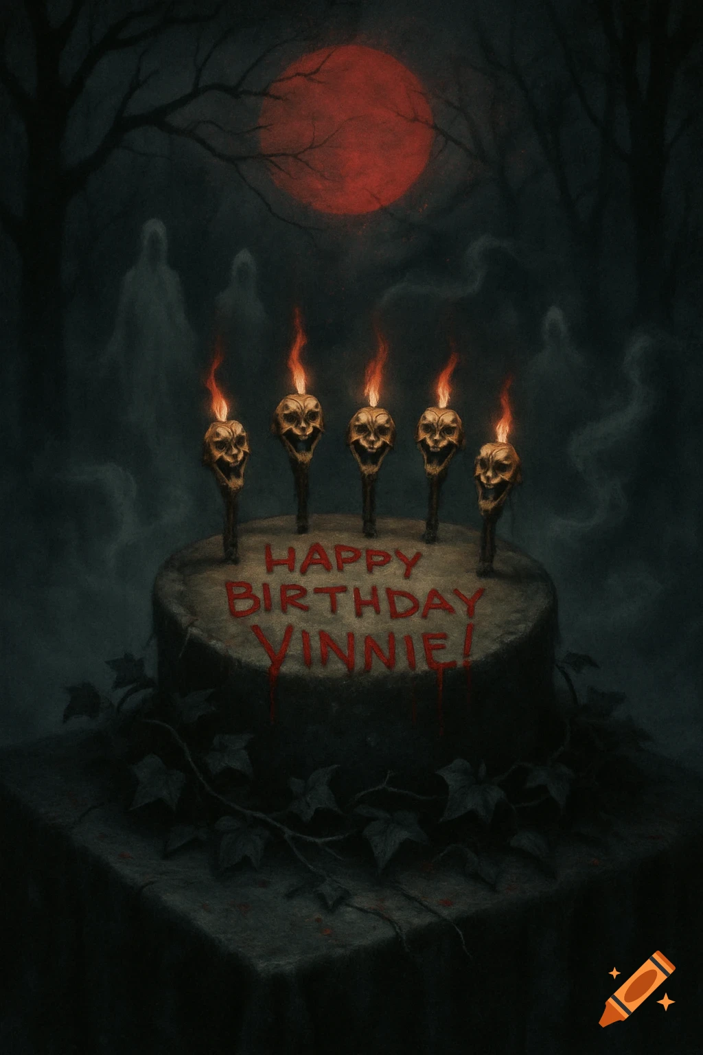 A dark, gothic painting of a birthday cake with skull candles, red dripping text "Happy Birthday Vinnie!", a red moon, and ghostly figures.