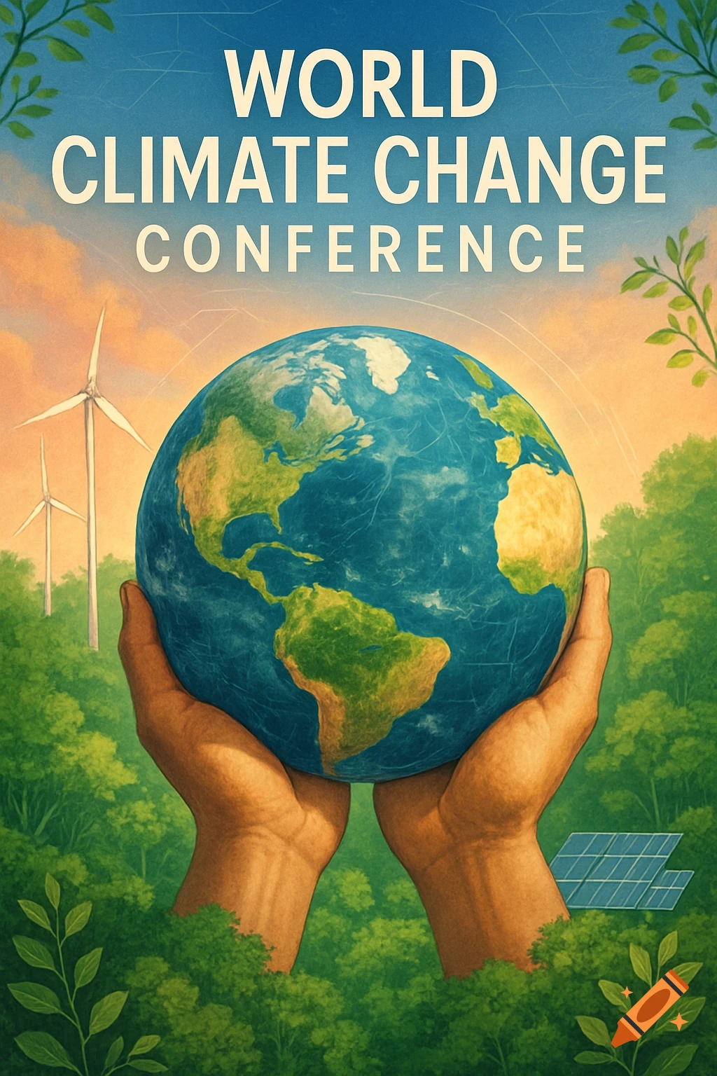 Stylized poster for a climate change conference, with hands holding Earth, wind turbines, solar panels, and greenery.