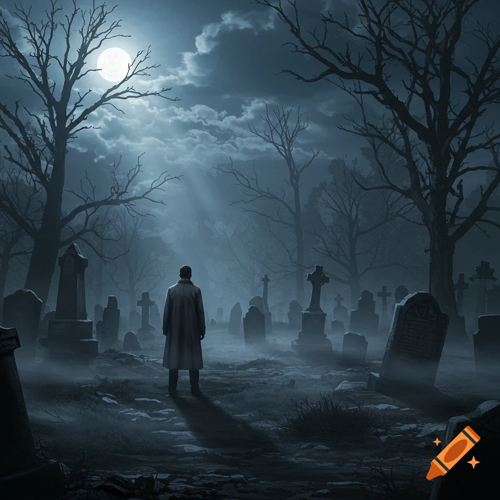 A lone man in a trench coat stands in a foggy, moonlit graveyard with many tombstones and bare trees under a cloudy sky.
