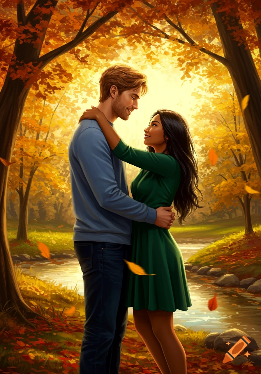 An illustrative portrait of a mixed couple hugging in a vibrant autumn forest with a stream, looking lovingly at each other.