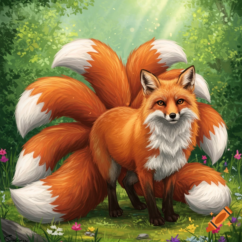 A majestic orange nine-tailed fox stands in a lush green forest clearing, surrounded by wildflowers, in a detailed digital painting.