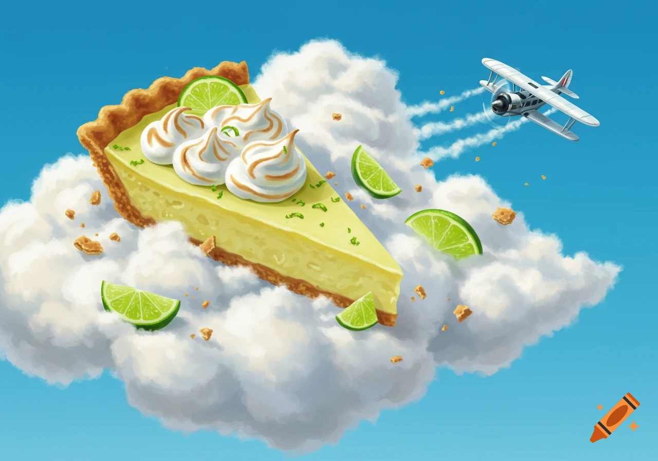 Stylized illustration of a key lime pie slice with meringue and limes floating on clouds, with a biplane flying in a blue sky.