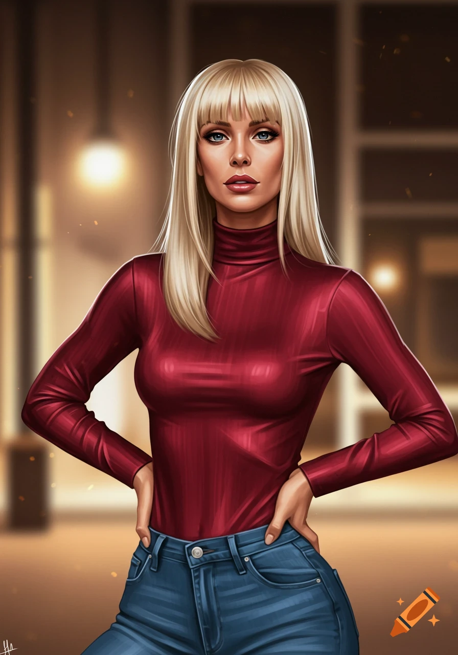 A digital painting of a woman with long blonde hair and bangs, wearing a red turtleneck and blue jeans, standing with her hands on her hips.