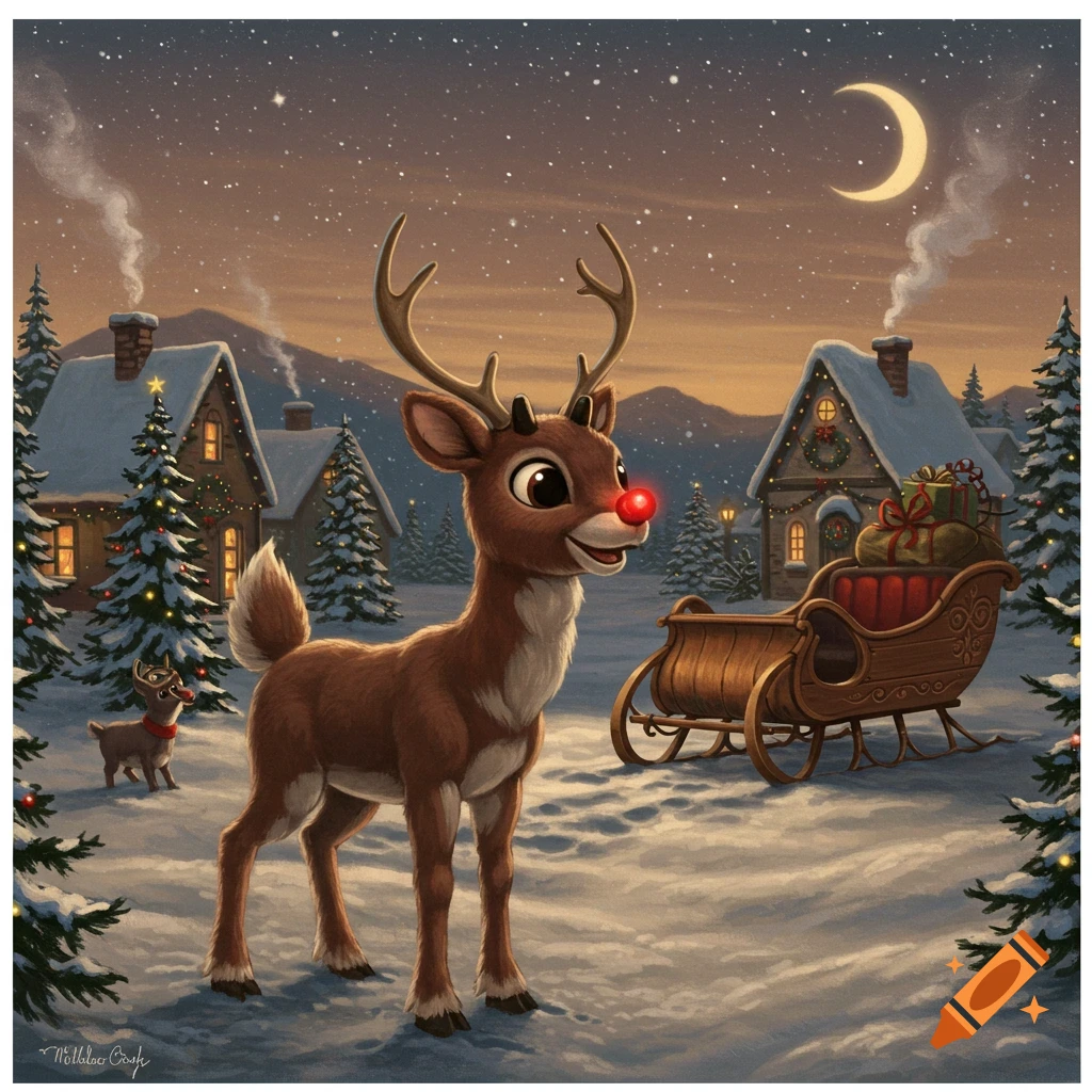 Rudolph the Red-Nosed Reindeer stands in a snowy Christmas village at night, with a sleigh full of presents nearby.
