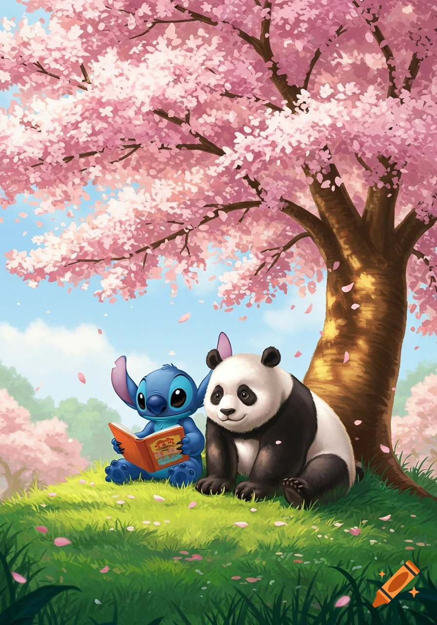 Stitch and a panda sit under a cherry blossom tree, with Stitch reading a book in an animated style.