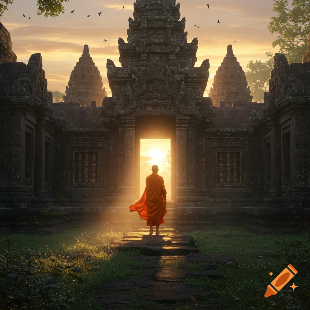 A monk in orange robes stands before an ancient stone temple bathed in golden sunrise light and mist.