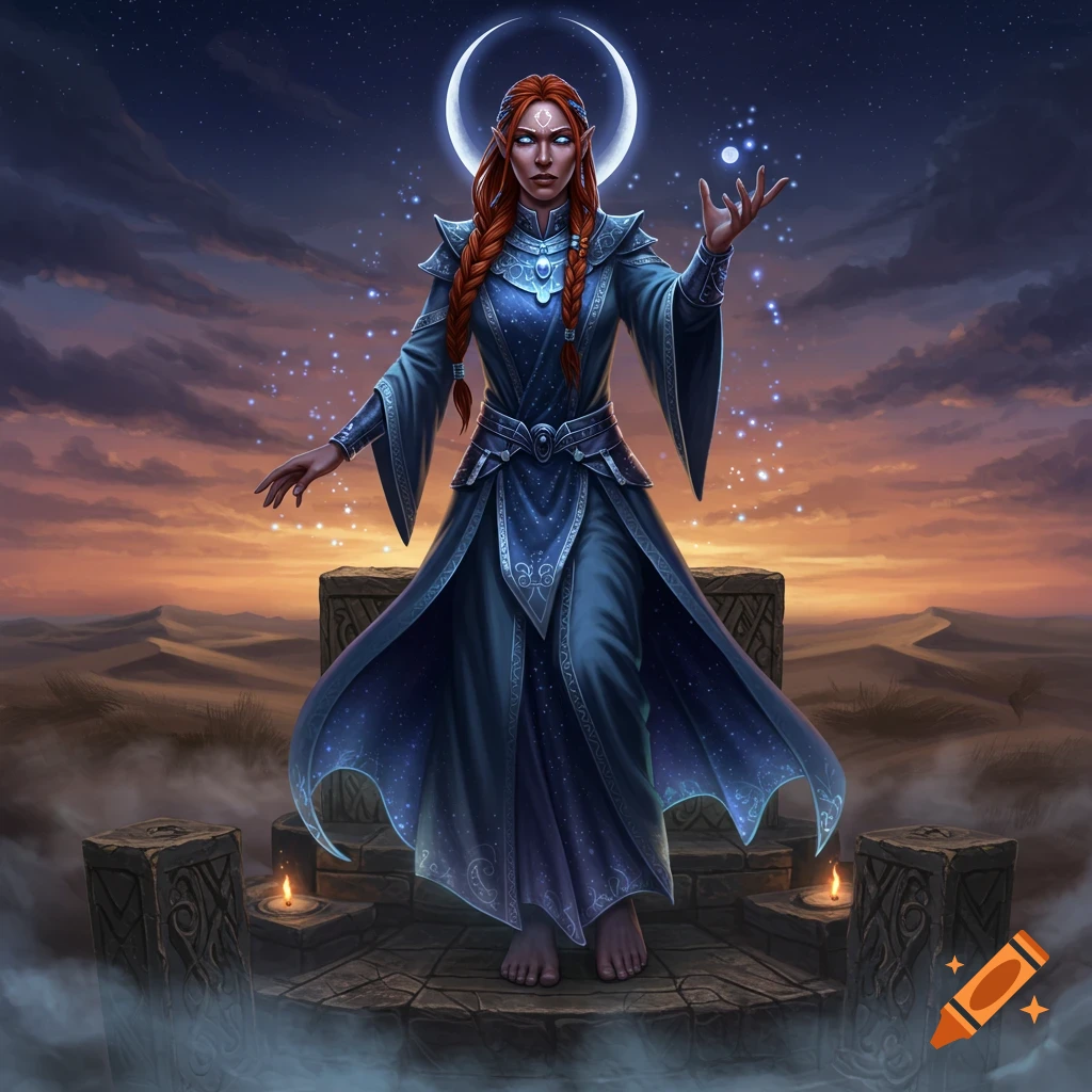 A red-haired, elven woman in a blue robe stands on a stone platform in a desert at dusk, a crescent moon above her head, conjuring magic.