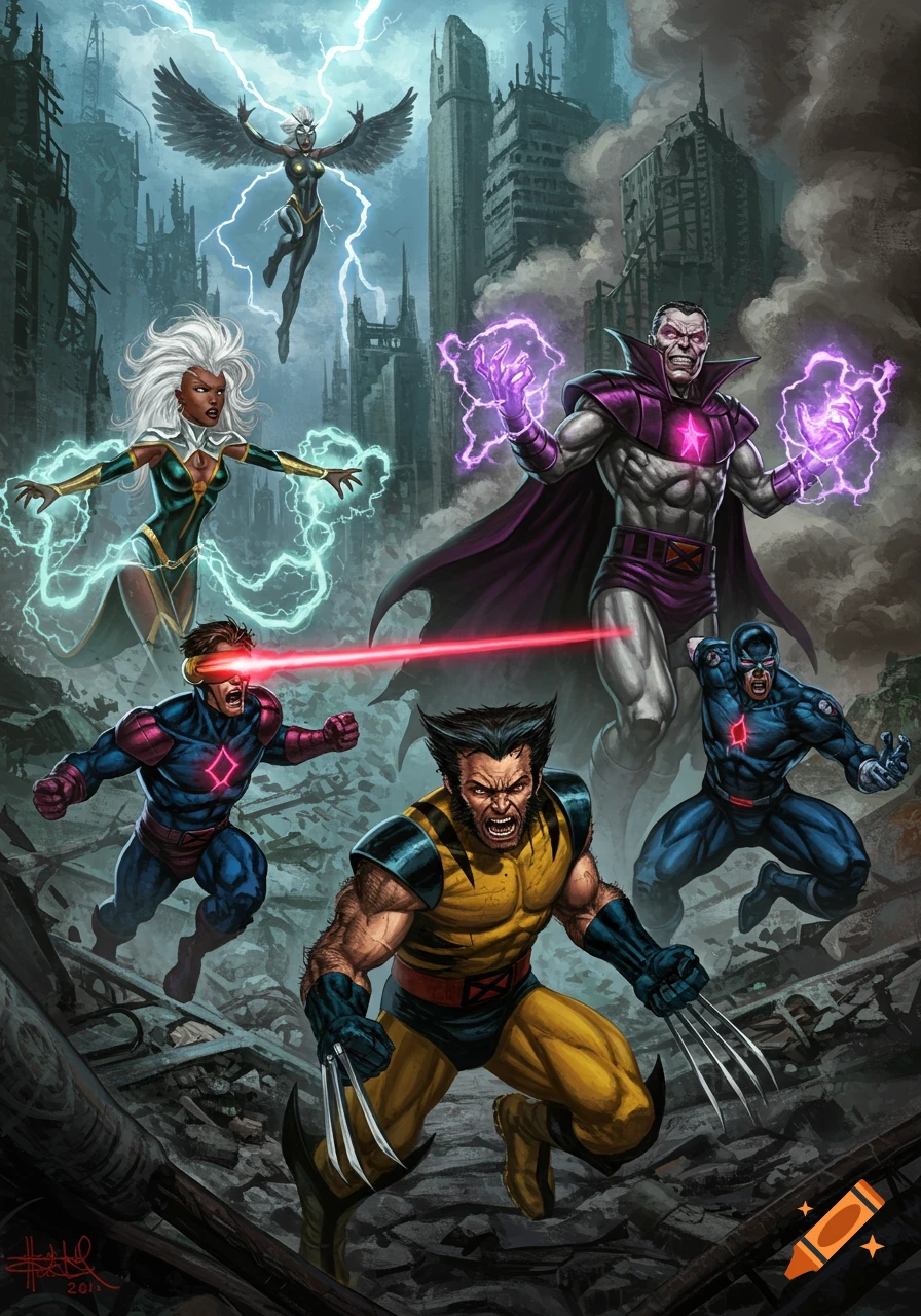 Wolverine, Cyclops, Storm, and other X-Men heroes fight Mr. Sinister and another villain in a ruined city, comic art style.