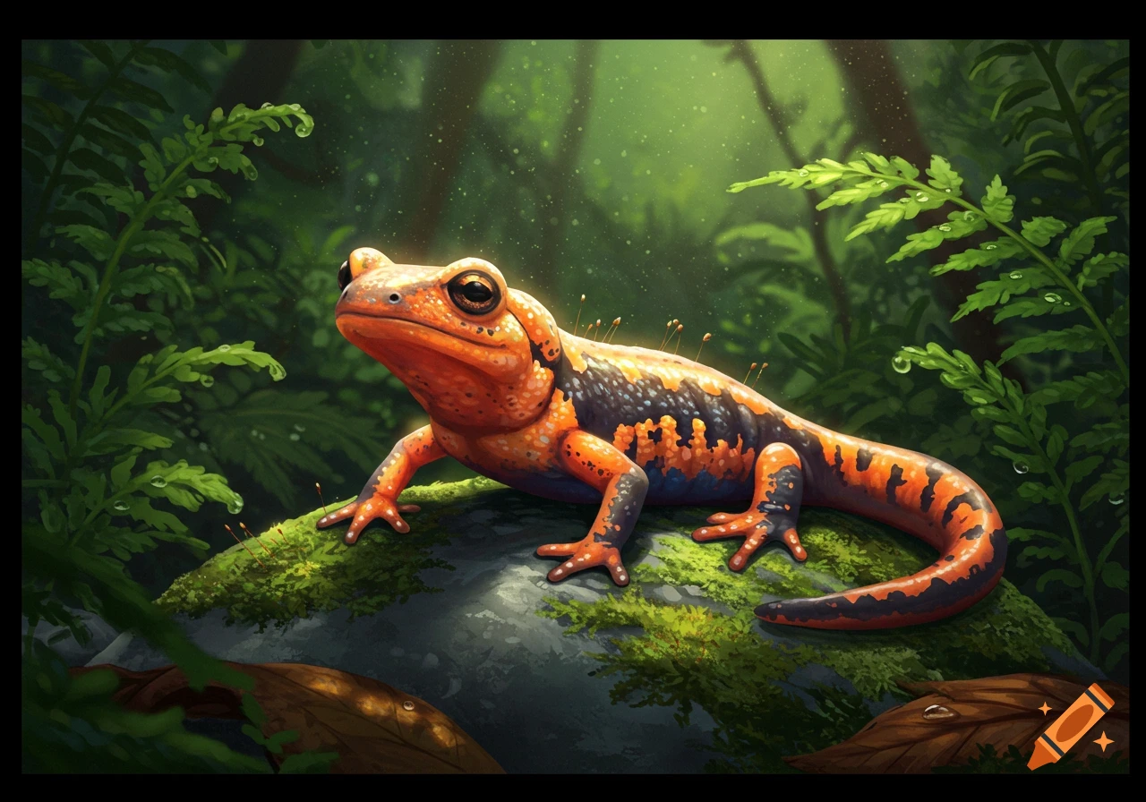 A vibrant orange and black salamander with blue markings on a mossy rock in a lush, green jungle, stylized illustration.