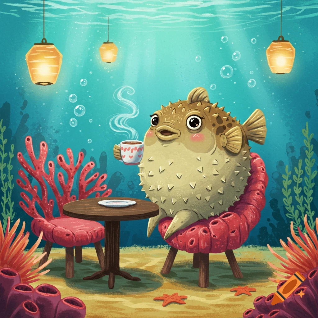 A cute cartoon pufferfish sits on a red coral chair, drinking coffee at a small table under the sea.