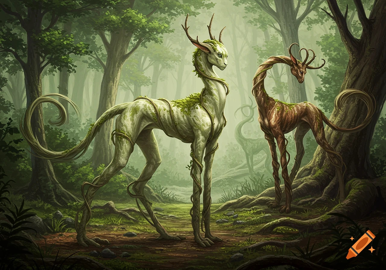 Two plant-like fantasy creatures, one pale green and one brown, with antlers and long tails, stand in a mystical forest.
