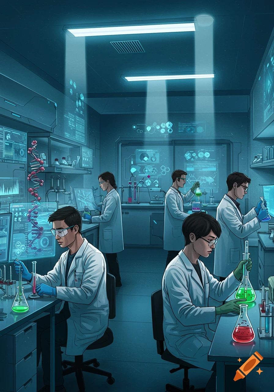 Scientists in a futuristic laboratory conduct research with various experiments and holographic displays.