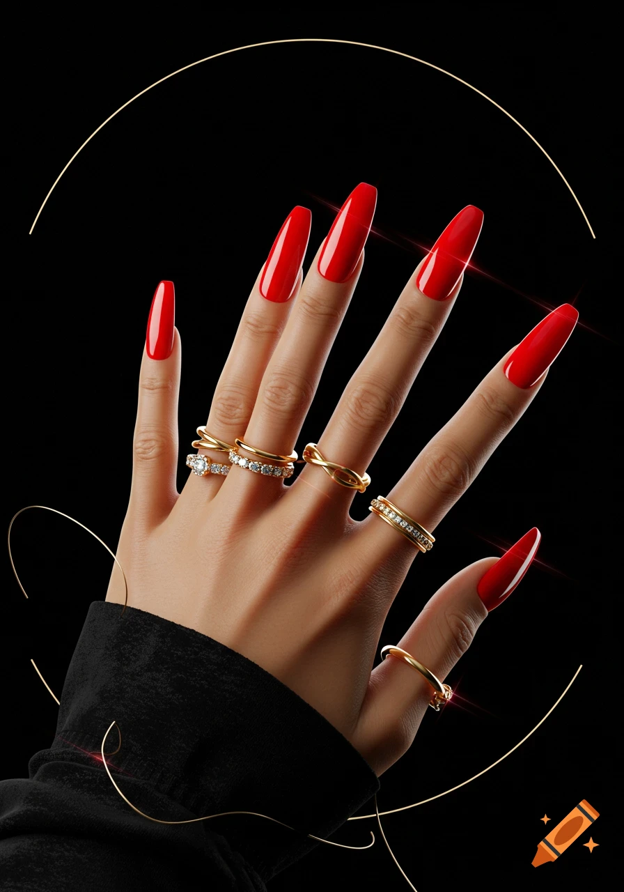 A hand with long, glossy red nails and multiple gold rings, against a dark background with decorative golden lines.