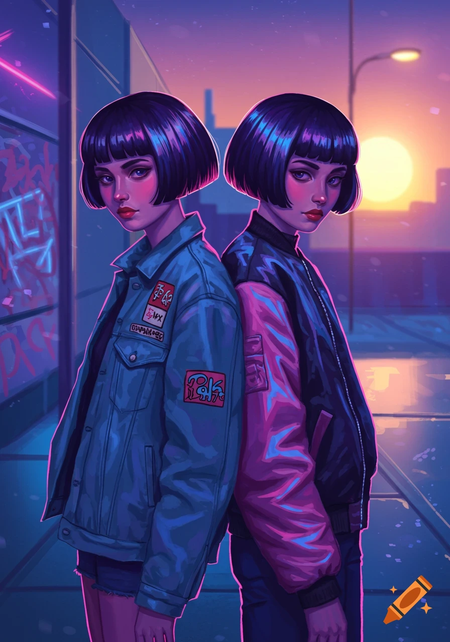 Two women with bob cuts stand back-to-back in a neon-lit cyberpunk city, one in a blue denim jacket, the other in a black and pink bomber jacket. Stylized digital art.
