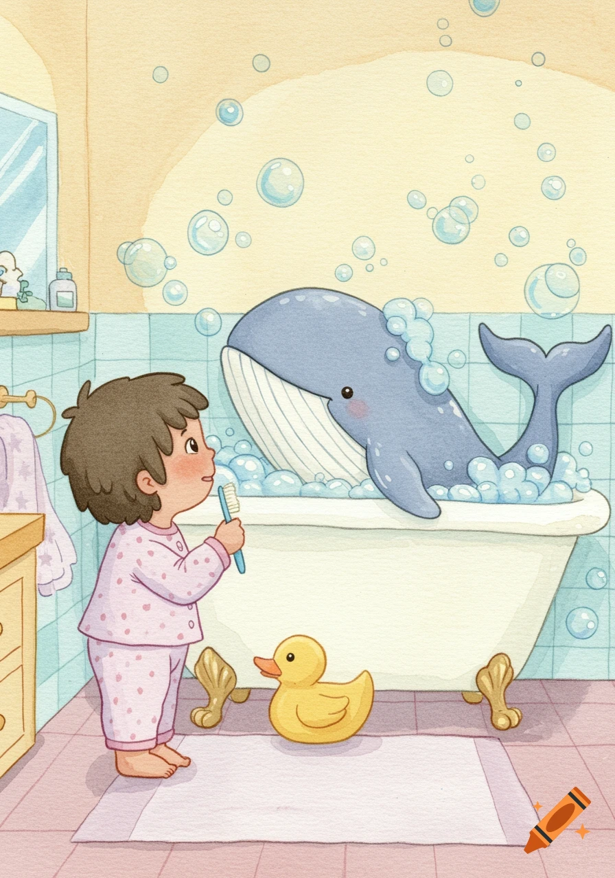 Watercolor illustration of a child in pajamas holding a toothbrush, looking at a cartoon whale in a bubbly bathtub with a rubber duck on the floor.