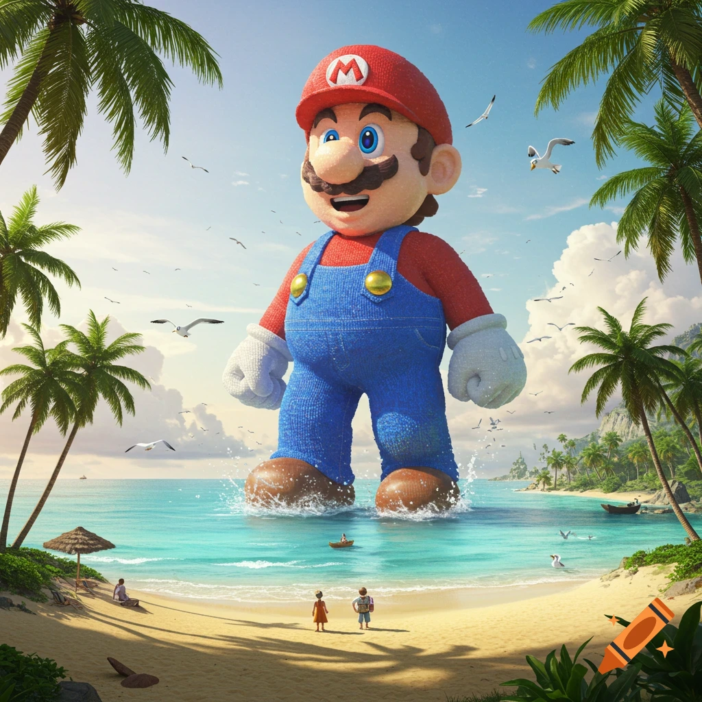 A giant photorealistic Mario stands in the shallow turquoise ocean of a tropical beach, dwarfing palm trees, small boats, and tiny people on the sand.