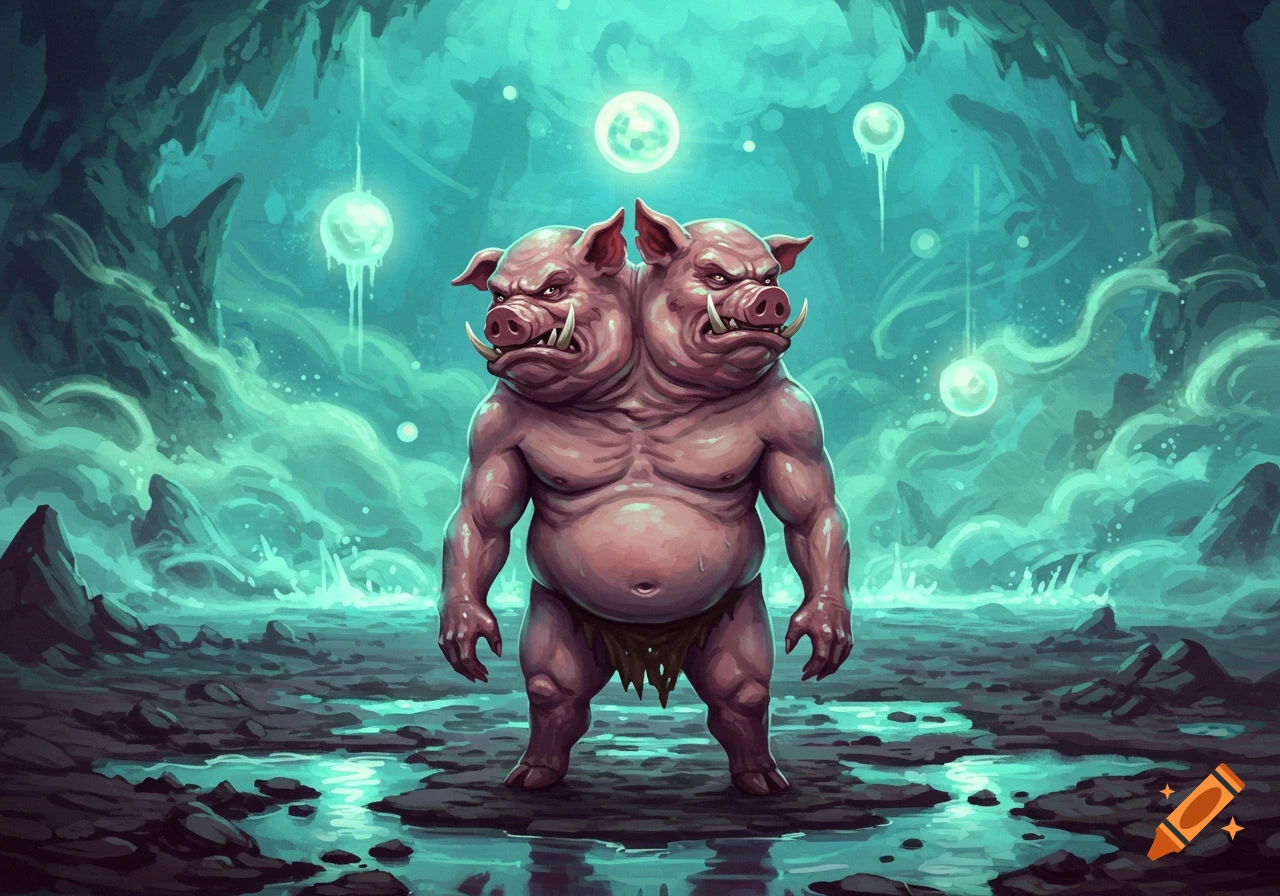 A two-headed pig man with a muscular torso and loincloth stands in a glowing, ethereal cave with water and mysterious orbs.