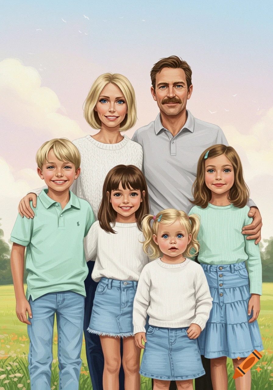 An illustrated portrait of a family of six: two parents and four children, standing outdoors in a field with a blue sky. Everyone is smiling.