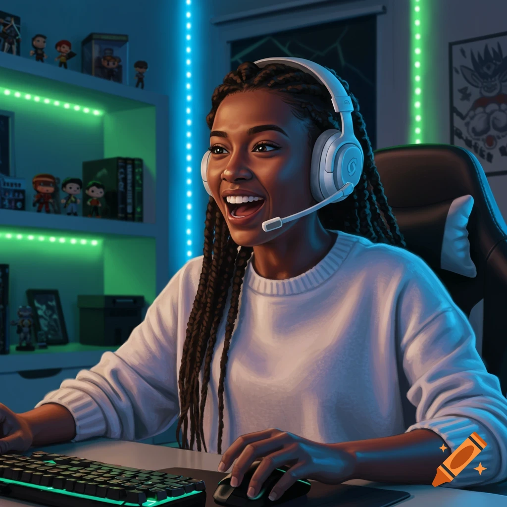 A happy Black girl wearing a white headset, actively gaming in a vibrant room with green and blue LED lights.