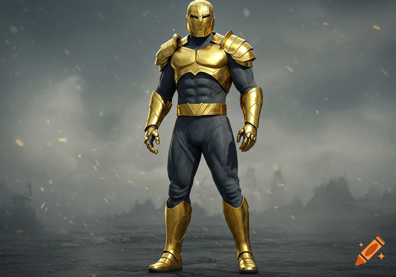 A man in shiny gold armor and a dark gray superhero suit stands against a stormy, dramatic sky.