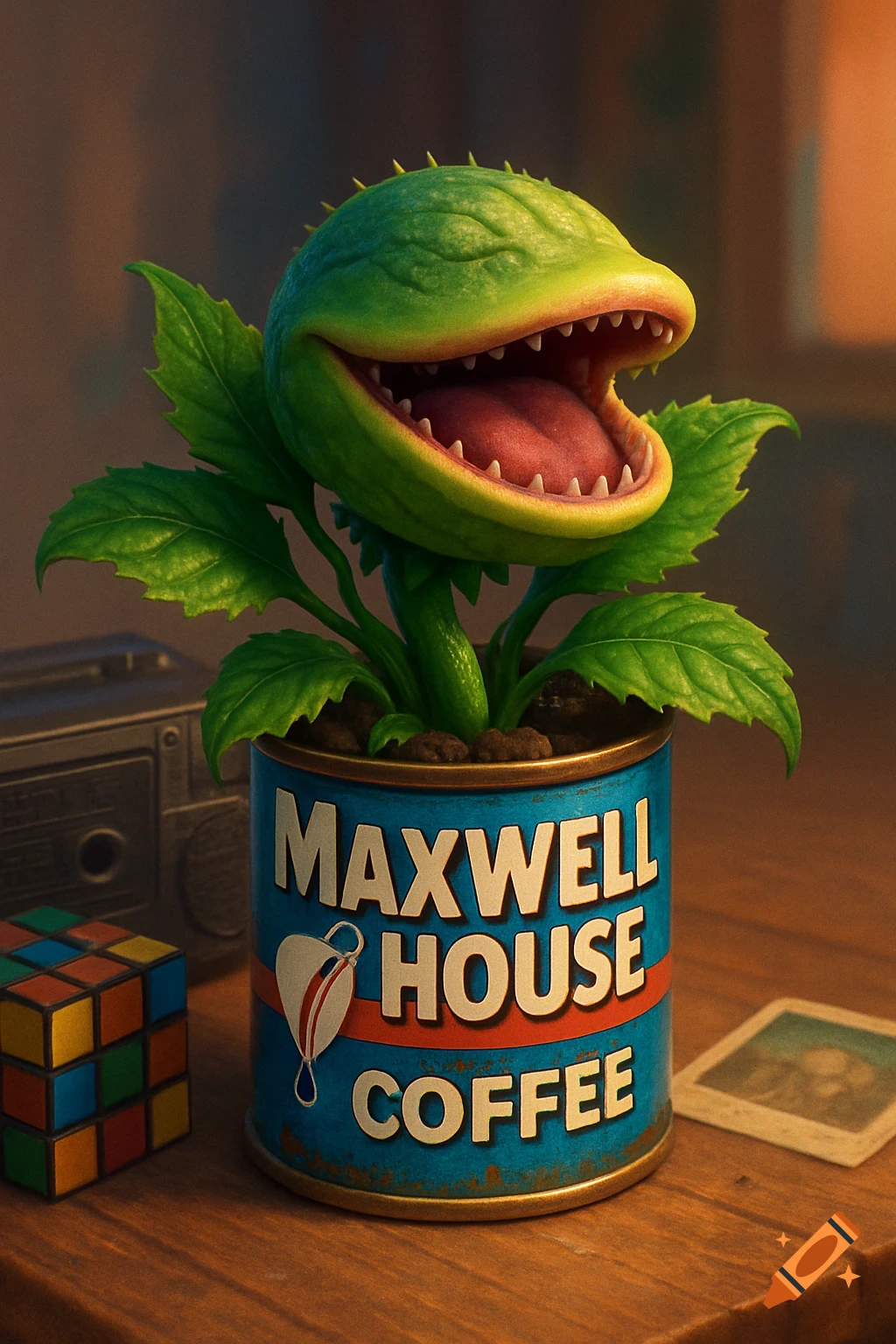 A photorealistic, green, toothy plant creature with an open mouth, like Audrey II, growing out of a blue Maxwell House coffee can on a wooden table next to a Rubik's cube.