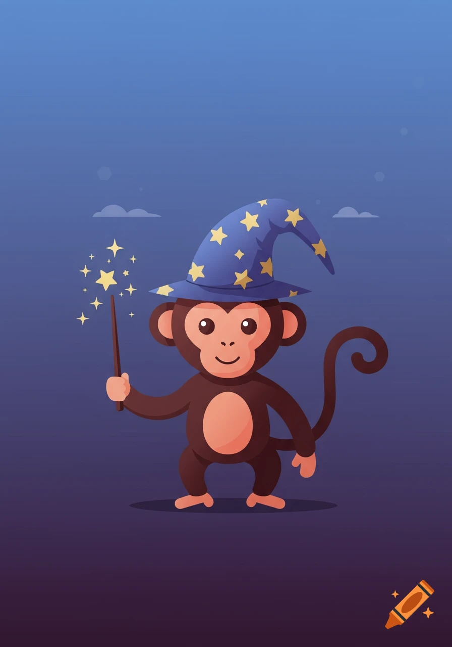 Cartoon monkey in a blue wizard hat holding a magic wand with sparkling stars on a dark blue background.