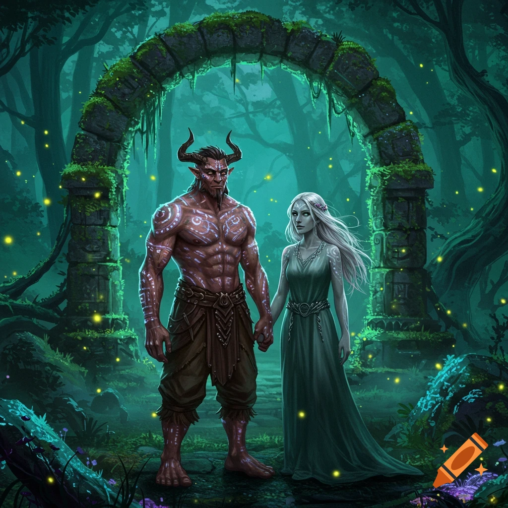 A horned man with tribal markings and an ethereal woman hold hands under a mossy arch in an enchanted, glowing forest. Fantasy illustration.