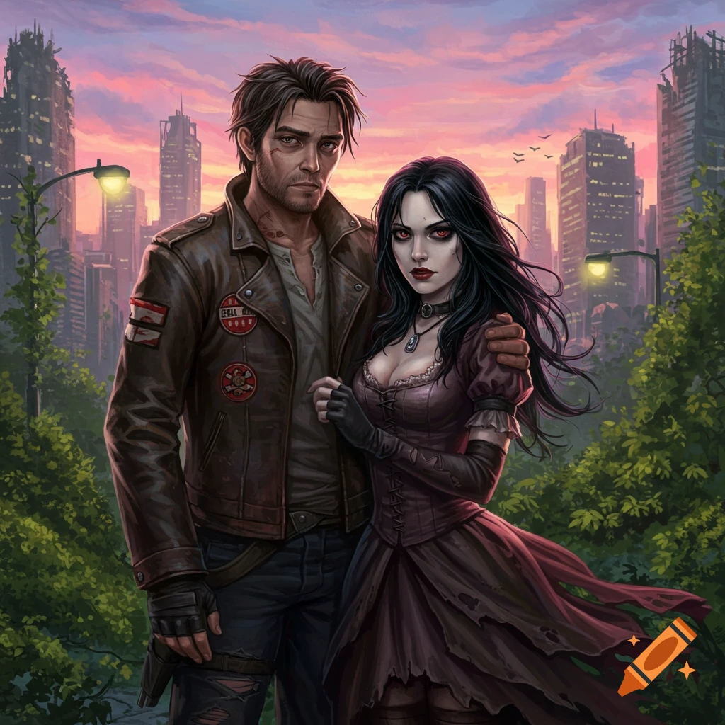 A man in a leather jacket with his arm around a dark-haired woman in a gothic dress, set against a post-apocalyptic cityscape at dusk. Digital illustration.