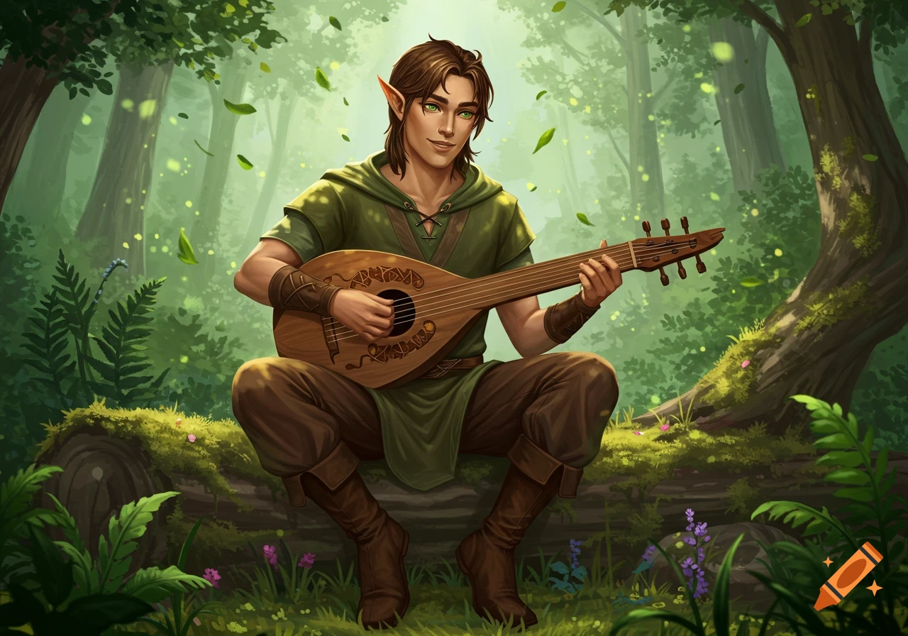 A male wood elf bard with brown hair and green eyes plays a lute while sitting on a mossy log in a lush forest.
