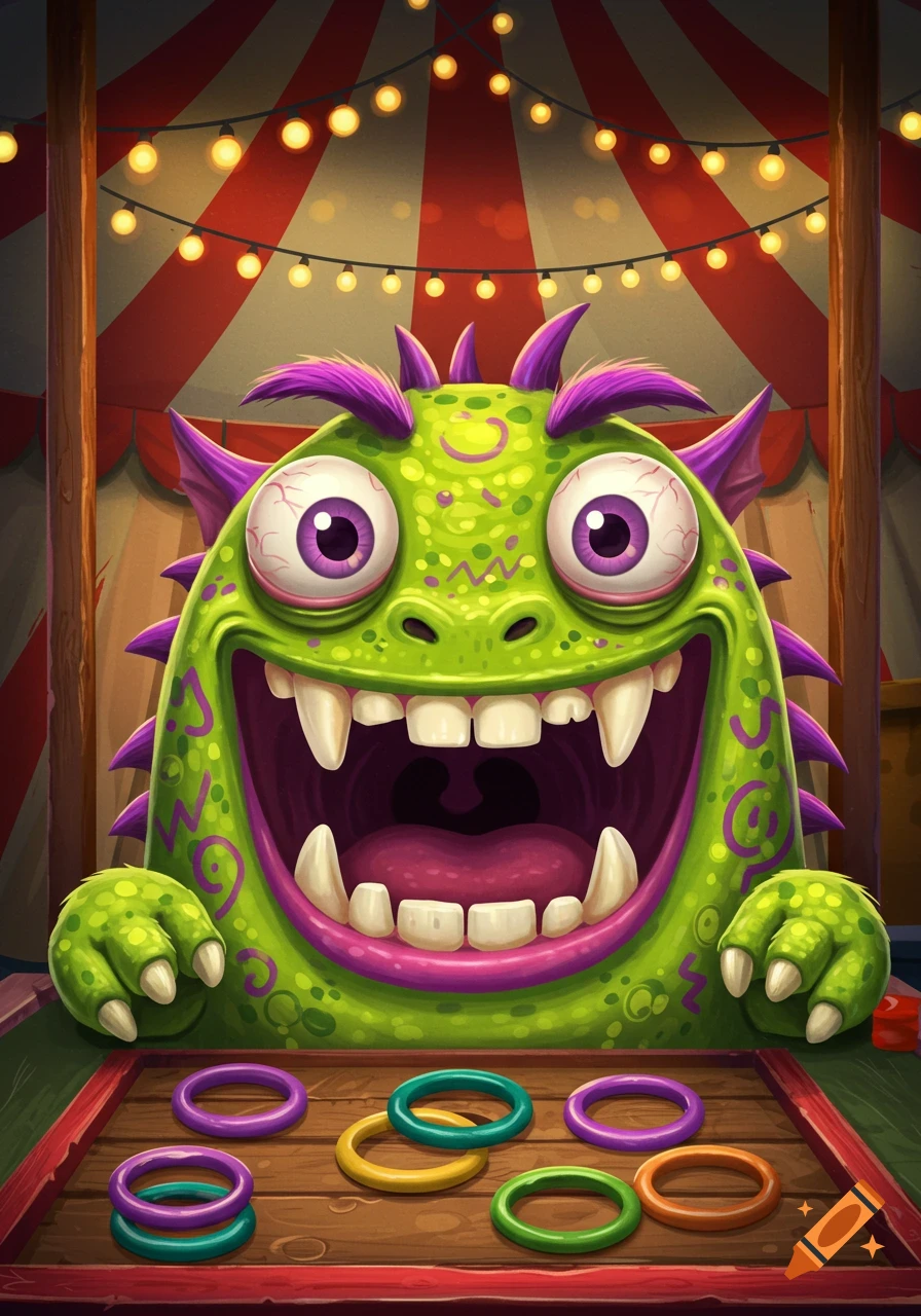 A vibrant green monster with large eyes and fangs grins excitedly behind a ring toss game at a carnival.